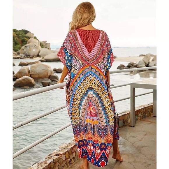 Bohemian Tassel Lace Up Maxi Summer Kaftan Caftan Dress One Size - Picture 4 of 5